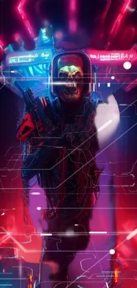 Feast your eyes on this spectacular mobile phone wallpaper featuring a man in a space suit standing against a backdrop of neon lights