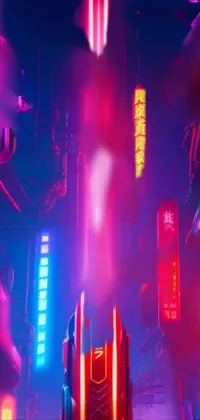 This eye-catching phone live wallpaper transports you to a neon-drenched futuristic city at night, inspired by the cyberpunk genre