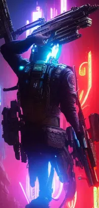 This cyberpunk wallpaper features a heavily armed soldier standing in front of a neon sign
