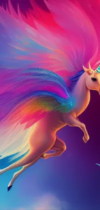 This live phone wallpaper features a breathtaking image of a unicorn majestically flying through the bright blue sky