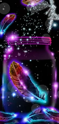 This phone live wallpaper showcases a jar filled with vivid, colorful feathers, swaying gently in a neon-noir background featuring a mesmerizing pattern