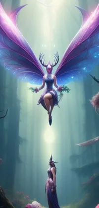This live phone wallpaper showcases a stunning fantasy scene of a woman flying above a forest