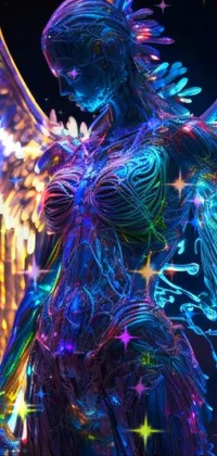 This expressive and dynamic phone live wallpaper features a statue of an angel with metallic wings and a serene expression, set against a vivid background of twisting, glowing wires and swirling patterns