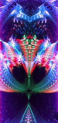 This live wallpaper for your phone features a mesmerizing image of an alien face set against a kaleidoscopic background of refracted sparkles
