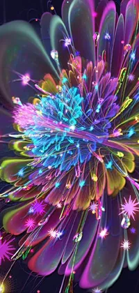 This phone live wallpaper is a stunning digital art featuring a colorful flower in vibrant shades set against a black backdrop
