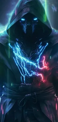 This phone live wallpaper features a close-up of a person wearing a hood, with a cinematic front lighting and an electric design