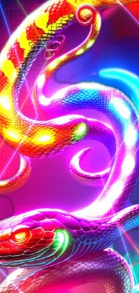 This phone live wallpaper features a neon lamp snake with a golden crown on its head, designed by a digital artist