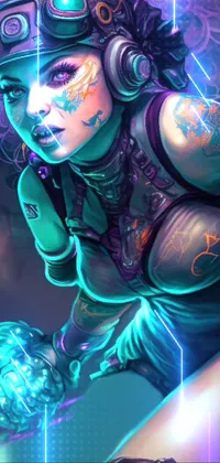 This live wallpaper for phone features cyberpunk art with a skateboarding cyborg girl in a stunning purple and cyan lighting
