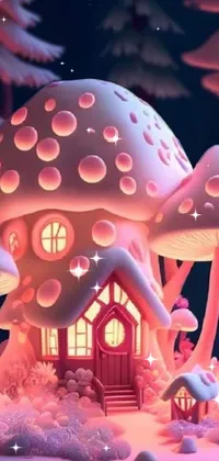This phone live wallpaper features a house in a snowy forest made of mushrooms, with charming pink hues