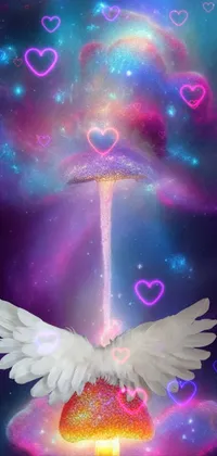 This phone live wallpaper showcases a mesmerizing image of a flying mushroom against a stunning exploding galaxy, designed with digital art by Daniel Chodowiecki