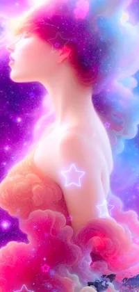 This stunning live wallpaper features a graceful woman standing amidst a sparkling nebula set against a sky backdrop
