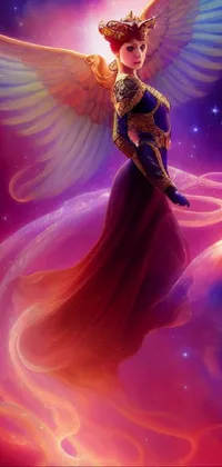 This phone live wallpaper features a mystical and enchanted world with an angel in the sky, concept art, a phoenix, portraits of an elementalist, and nature scenes