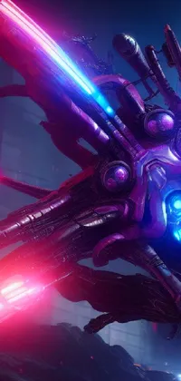 This live wallpaper features a detailed cyberpunk scene with a robot donning red and blue lights and armor, a purple glow at its core and a sci-fi insect android