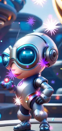 This phone live wallpaper features a digital chibi-style robot standing on a futuristic table with neon lights and circuit patterns in the background