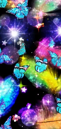 This dynamic phone live wallpaper showcases a flock of butterfly silhouettes gracefully fluttering in a starry night sky
