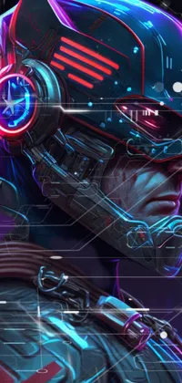 This phone live wallpaper depicts a futuristic helmet in vibrant cyberpunk art style