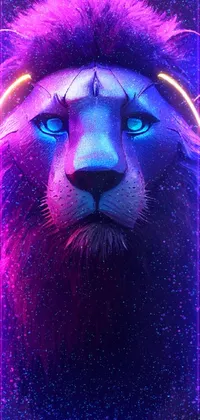 This phone live wallpaper showcases a mesmerizing close-up of a lion's face with vivid blue eyes