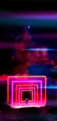 This phone live wallpaper depicts a man standing in a tunnel filled with obsidian and red neon lights