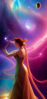 Brighten up your phone's screen with this stunning live wallpaper featuring a woman adorned in a flowing, long gown holding a modern cell phone