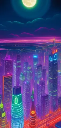 Immerse yourself in a stunning cyberpunk-inspired live wallpaper depicting a metropolis at night, illuminated by a full moon