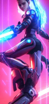 This live phone wallpaper features an intricate and finely detailed female android in a futuristic suit, holding a light saber