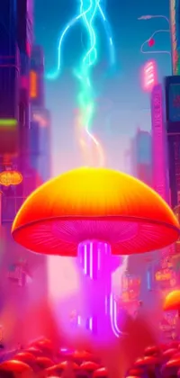 This phone live wallpaper features a surreal scene of a man standing atop a giant mushroom within a cyberpunk city setting