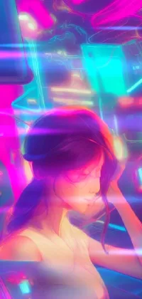 This phone live wallpaper showcases a digital art piece of a female standing in front of glowing neon lights