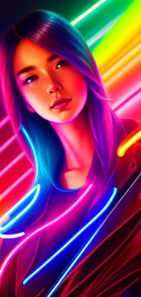 This live wallpaper features a colorful digital art piece of a woman standing amid neon lights