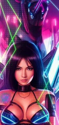 This dynamic live wallpaper showcases a sci-fi inspired universe with a futuristic robot standing alongside a captivatingly strong woman wearing a bra top