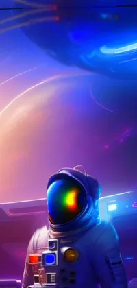 This phone live wallpaper features an astronaut in a space suit standing in front of a futuristic spaceship, set against a colorful space background