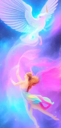 This live wallpaper for your phone features a fantastical and vibrant scene of a woman flying with a bird, set against a colorful galaxy background