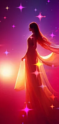 This digital live wallpaper showcases a fantasy woman standing in front of a stunning sunset on a red background