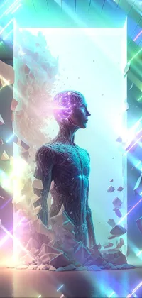 This phone live wallpaper showcases a human-like cyborg in meditation, portrayed in a 3D concept render