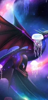 This live wallpaper features a breathtaking illustration of a dragon in flight against a cosmic backdrop of rich purple hues