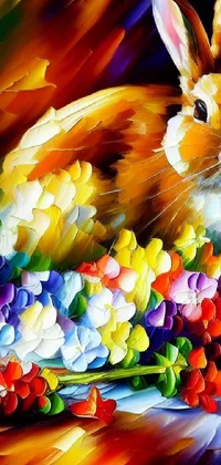 This live phone wallpaper embodies a vibrant airbrush painting of a rabbit nestled amid a profusion of colorful flowers