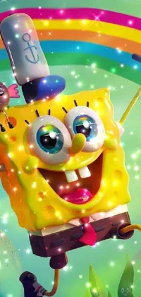 This lively live wallpaper features an animated Spongebob character flying through the air with a vivid rainbow in the background