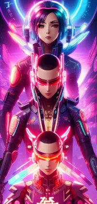 Get captivated by this futuristic cyberpunk live wallpaper for your phone! The vibrant neon lights illuminate the two androids in the foreground, while the captivating cyberpunk background brings the artwork to life