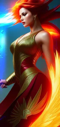 This stunning phone live wallpaper features a fierce red-haired warrior brandishing a sword, with a dress made of fire that seems to dance as she moves