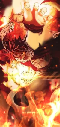This live wallpaper for your phone features a fiery and dynamic scene with a powerful figure illuminated by intense flames
