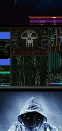 This phone live wallpaper features a man in a black hoodie standing in front of a computer screen, displaying a screenshot of a futuristic interface with cables and monitors in the background