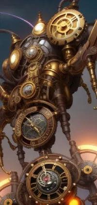 This Live Wallpaper showcases a clock tower and sky background with a stunning steampunk robot scorpion design that highlights the mechanical form of life