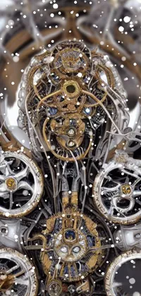 This phone live wallpaper showcases an ultrafine and highly-detailed painting featuring a complex and intricate clock surrounded by wires and mechanical robotic octopus