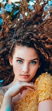 Enjoy the captivating beauty of this phone live wallpaper featuring a portrait of a stunning woman with curly hair blowing in the wind