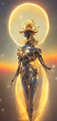 This stunning live wallpaper features a sleek gold-armored statue of a woman with a halo