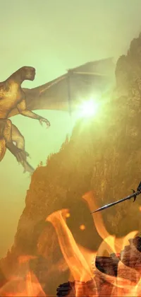 This is a stunning live wallpaper featuring a reptilian warrior and dragon reaching towards heaven atop a cliff