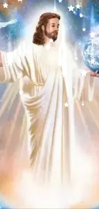 This live wallpaper features a stunning image of Jesus holding the Earth in his hands, with beautiful orbs and a gorgeous angel complementing the scene