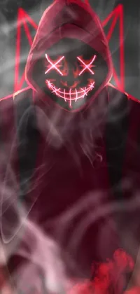 This cyberpunk phone live wallpaper features an anime-style character in a red hoodie and mask, showcasing a serial art aesthetic with a wicked grin