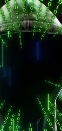 Looking for an edgy and futuristic wallpaper to make your phone stand out? Check out this live wallpaper featuring a mysterious figure in a black hoodie surrounded by rapid-scrolling green numbers, bold pixelated art, and intricate ASCII designs