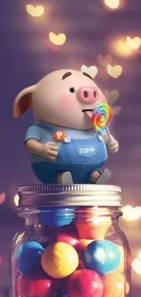 This delightful phone live wallpaper depicts a charming pig sitting atop a jar of colorful candies, complemented by a lollipop in the background
