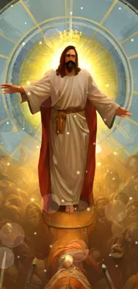 This phone live wallpaper features stunning concept art of Jesus standing in front of a gathered crowd of people